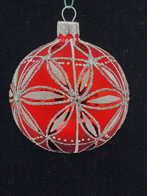 Red Blown Glass Ornament - Handcrafted - Daisy-like Design