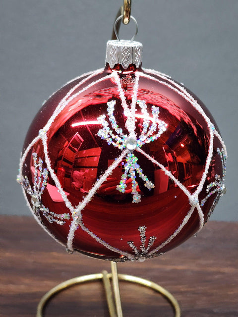 Red Blown Glass Ornament - Handcrafted - Spider Web Design