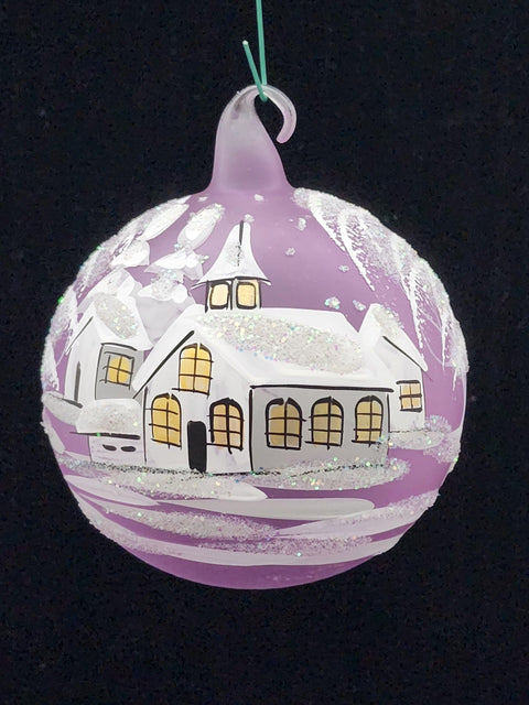 Lavender Blown Glass Ornament - Handcrafted - White Church Design