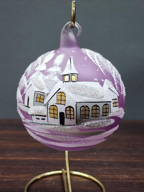 Lavender Blown Glass Ornament - Handcrafted - White Church Design