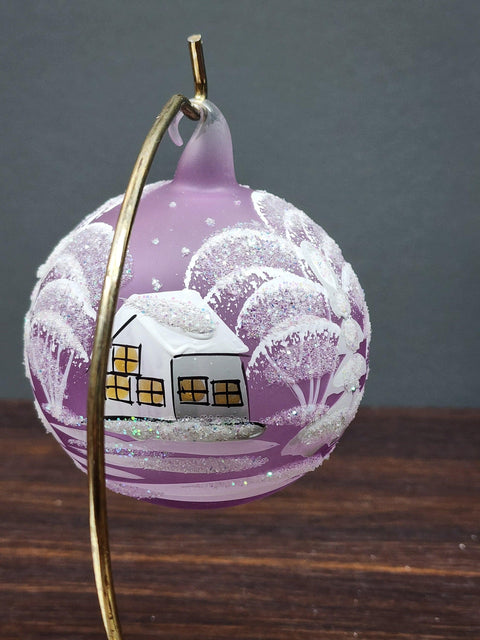 Lavender Blown Glass Ornament - Handcrafted - White Church Design