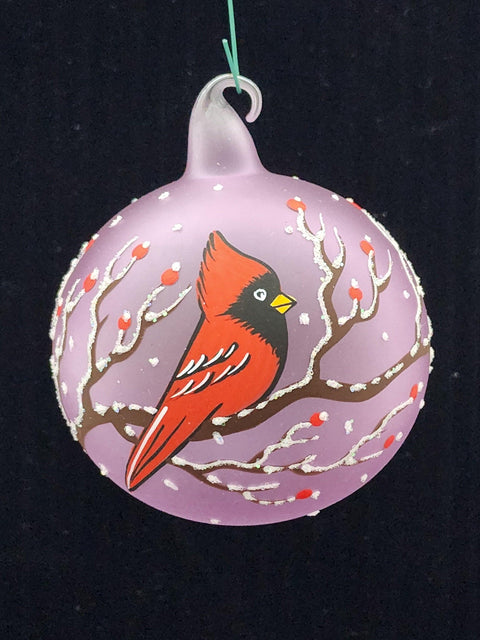 Lavender Blown Glass Ornament - Handcrafted - Red Cardinal Design