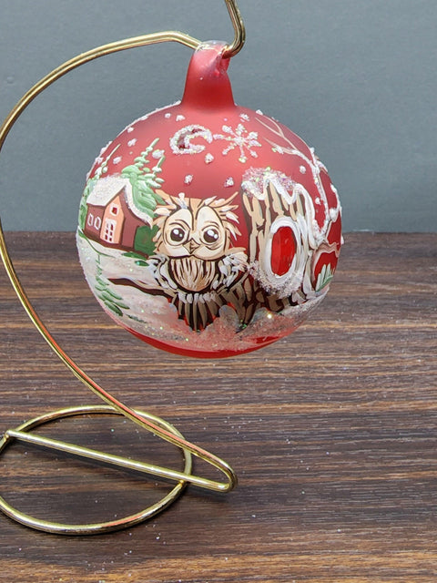 Red Blown Glass Ornament - Handcrafted -  Fun Owl Design