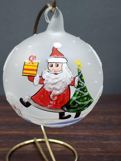 Frosted Blown Glass Ornament - Handcrafted -  Santa Claus Design