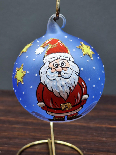 Light Blue Blown Glass Ornament - Handcrafted -  Santa Claus Design