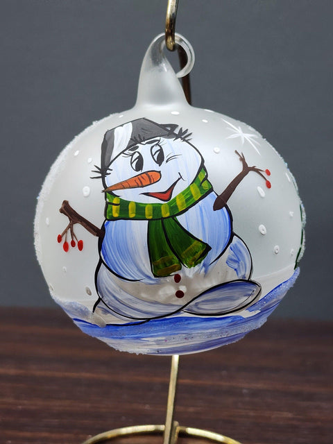 Frosted Blown Glass Ornament - Handcrafted -  Snowman N Christmas Scarf Design