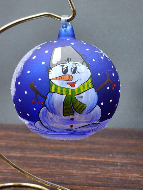 Blue Blown Glass Ornament - Handcrafted -  Snowman Design