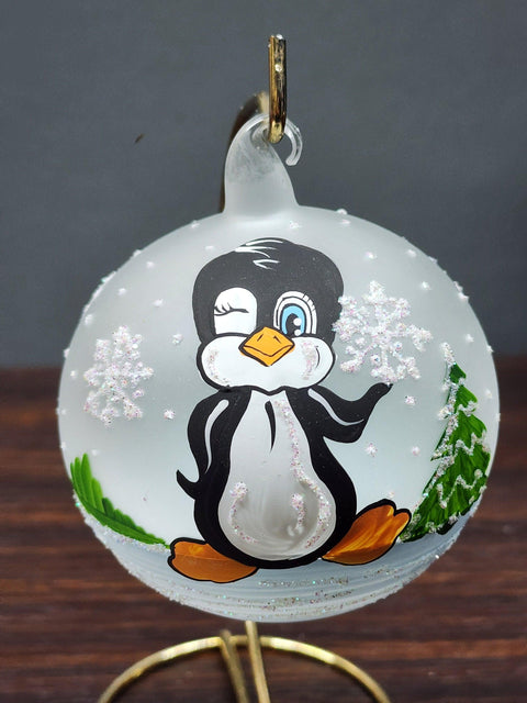 Frosted Blown Glass Ornament - Handcrafted - Charming Penguin Design