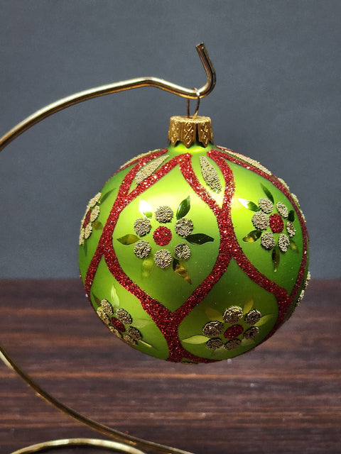 Red & Green Blown Glass Ornament - Handcrafted - Green & Yellow Daisy Design