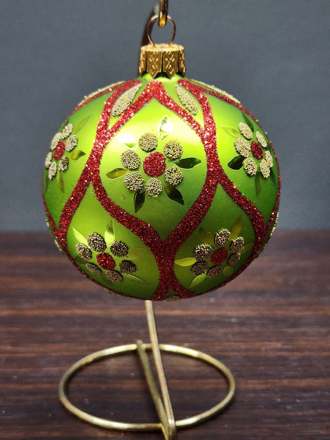 Red & Green Blown Glass Ornament - Handcrafted - Green & Yellow Daisy Design