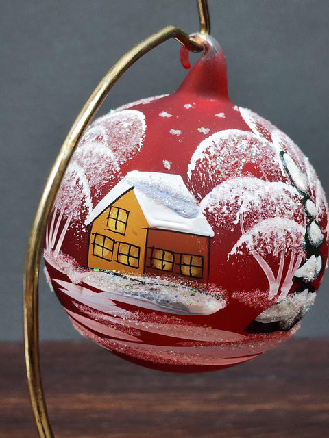 Red Blown Glass Ornament - Handcrafted - Brown Cathedral Design