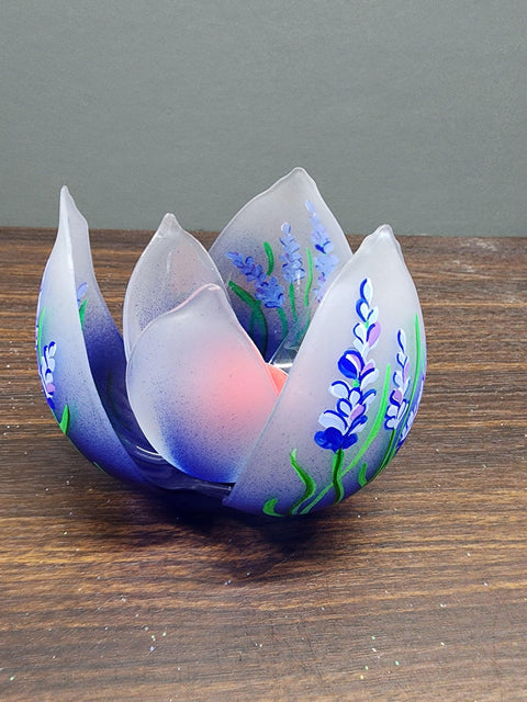 Blue  Glass Lotus Blossom Candle Holder  - Lavender Flower Design