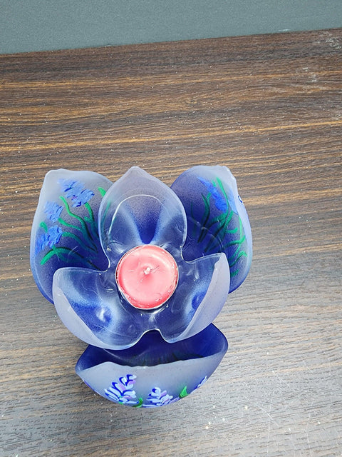 Blue  Glass Lotus Blossom Candle Holder  - Lavender Flower Design