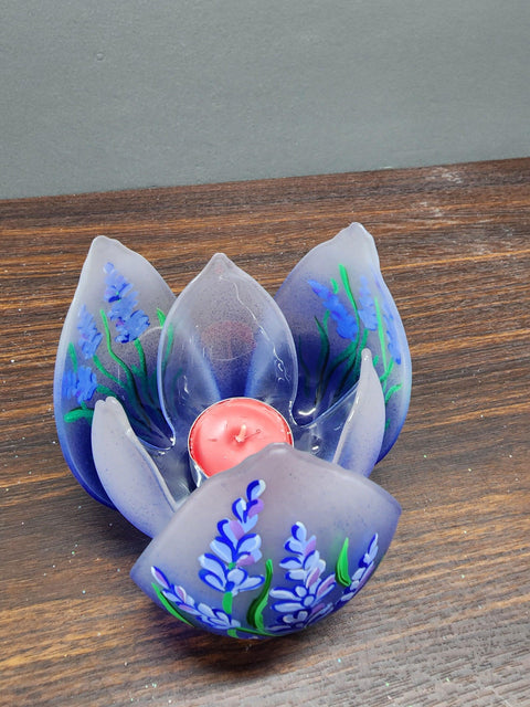 Blue  Glass Lotus Blossom Candle Holder  - Lavender Flower Design