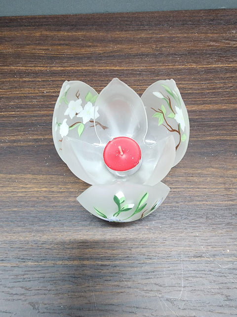 Frosted Glass Lotus Blossom Candle Holder  - Dogwood Flower