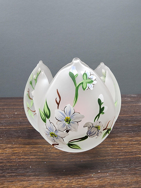 Frosted Glass Lotus Blossom Candle Holder  - Dogwood Flower