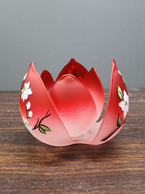 Red Glass Lotus Blossom Candle Holder  - Dogwood Flower