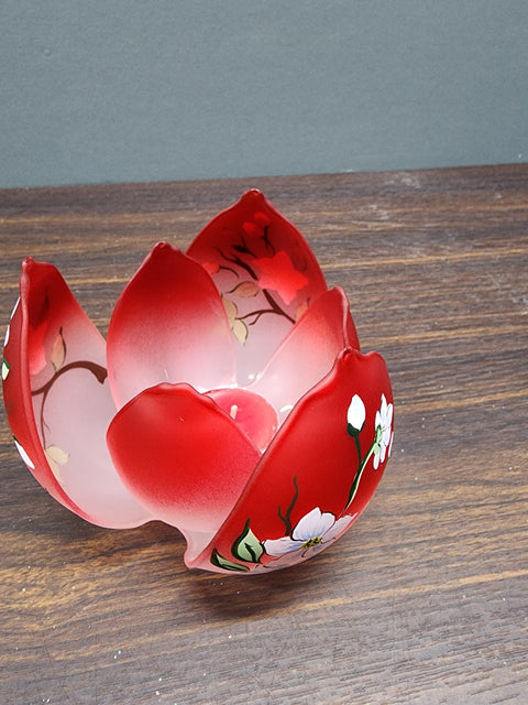 Red Glass Lotus Blossom Candle Holder  - Dogwood Flower