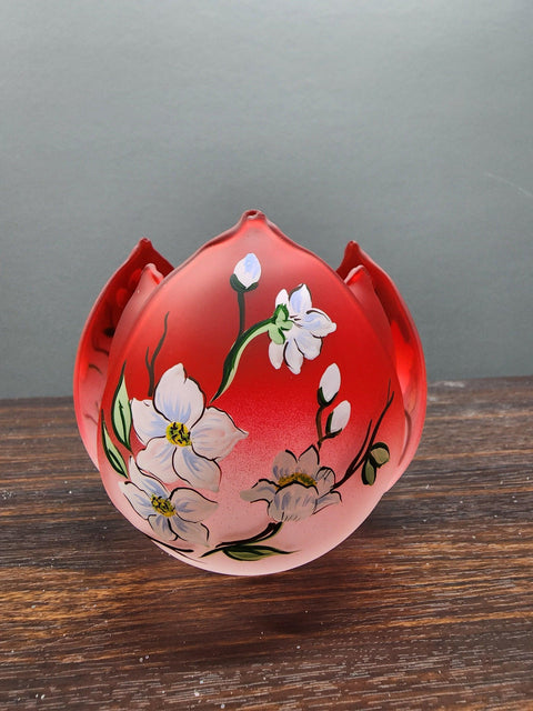 Red Glass Lotus Blossom Candle Holder  - Dogwood Flower