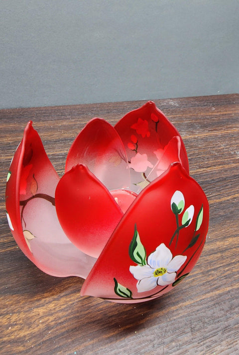 Red Glass Lotus Blossom Candle Holder  - Dogwood Flower