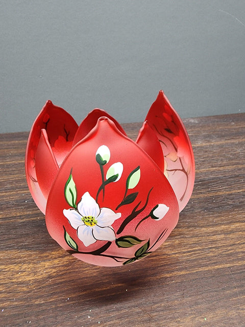 Red Glass Lotus Blossom Candle Holder  - Dogwood Flower