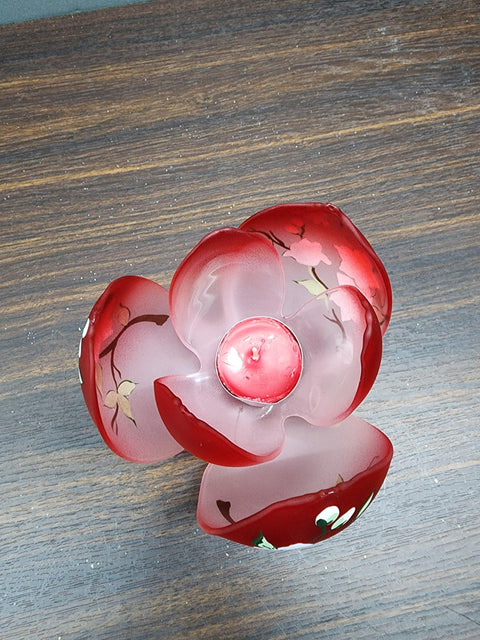 Red Glass Lotus Blossom Candle Holder  - Dogwood Flower