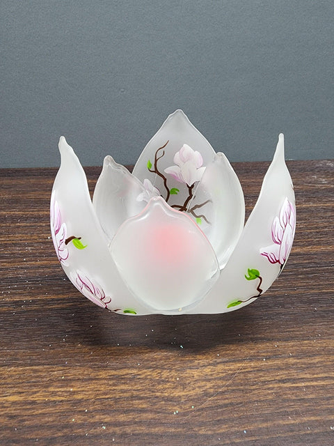 Frosted Glass Lotus Blossom Candle Holder  - Magnolia Flower