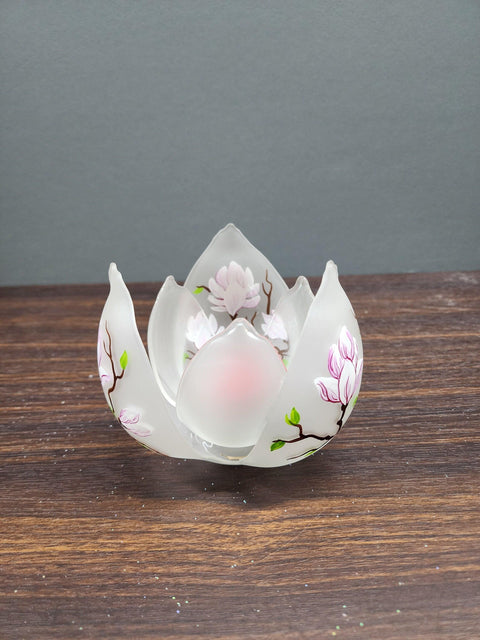 Frosted Glass Lotus Blossom Candle Holder  - Magnolia Flower