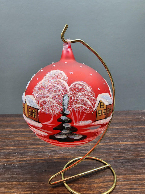 Red Blown Glass Large Ball Ornament - Handcrafted - Brown Cathedral