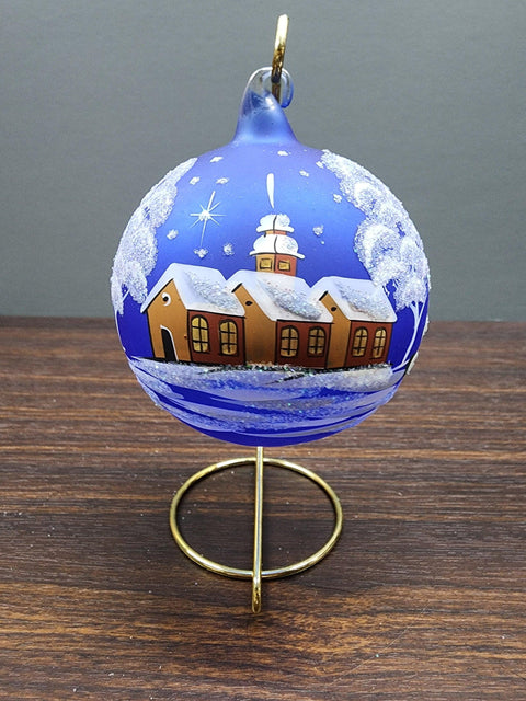 Blue Blown Glass Large Ball Ornament - Handcrafted - Brown Cathedral