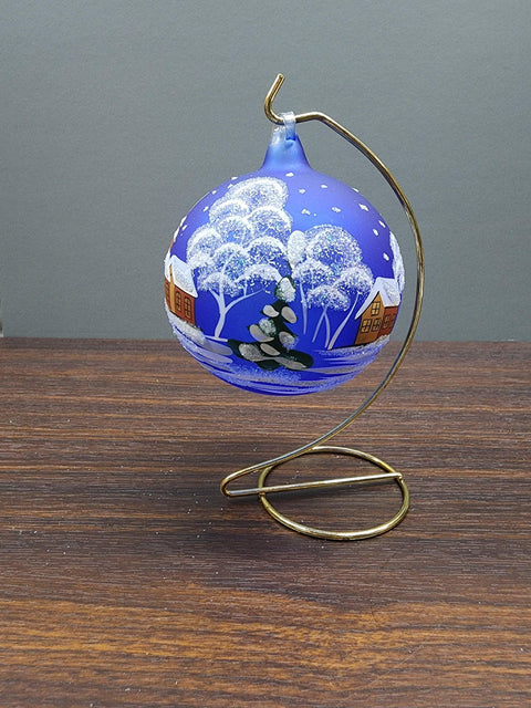 Blue Blown Glass Large Ball Ornament - Handcrafted - Brown Cathedral