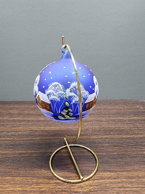 Blue Blown Glass Large Ball Ornament - Handcrafted - Brown Cathedral