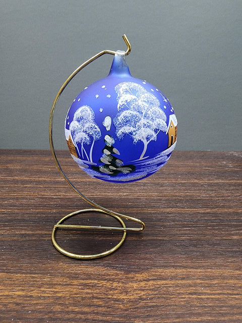 Blue Blown Glass Large Ball Ornament - Handcrafted - Brown Cathedral