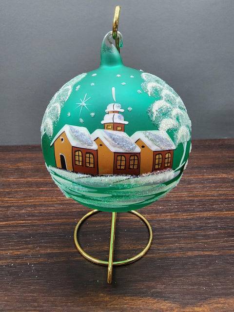 Green Blown Glass Large Ball Ornament - Handcrafted - Brown Cathedral