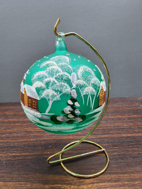 Green Blown Glass Large Ball Ornament - Handcrafted - Brown Cathedral