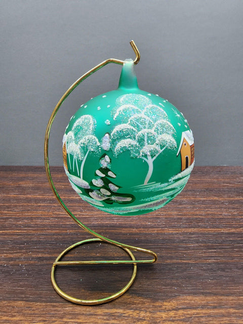 Green Blown Glass Large Ball Ornament - Handcrafted - Brown Cathedral