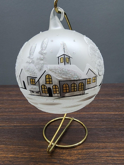 Frosted Blown Glass Large Ball Ornament - Handcrafted - White Church