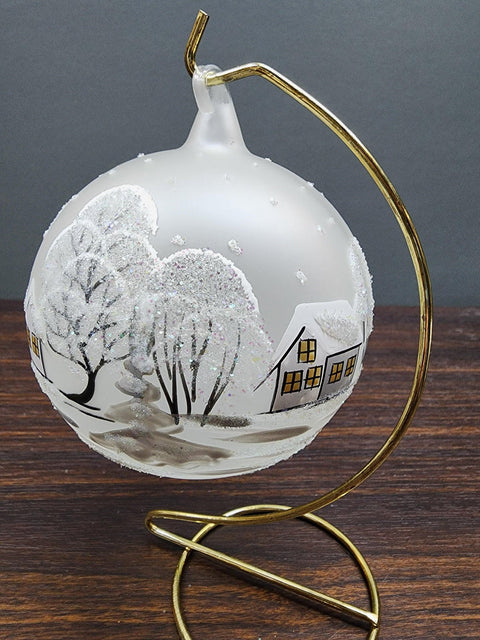 Frosted Blown Glass Large Ball Ornament - Handcrafted - White Church