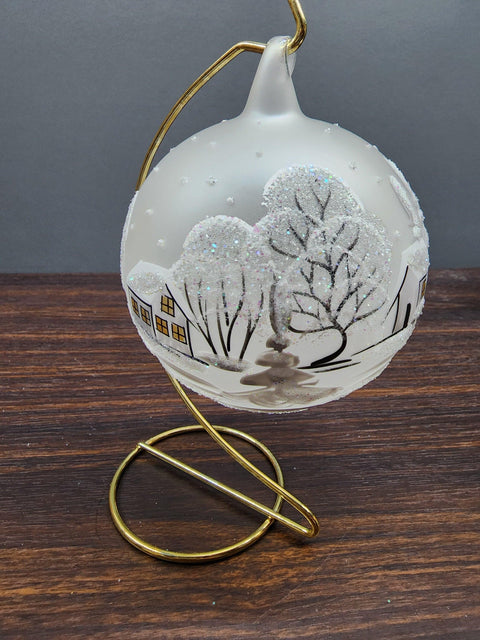 Frosted Blown Glass Large Ball Ornament - Handcrafted - White Church