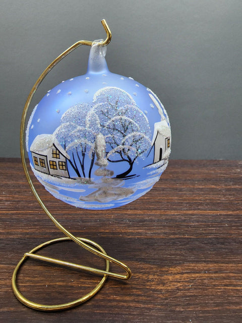 Light Blue Blown Glass Large Ball Ornament - Handcrafted - White Church