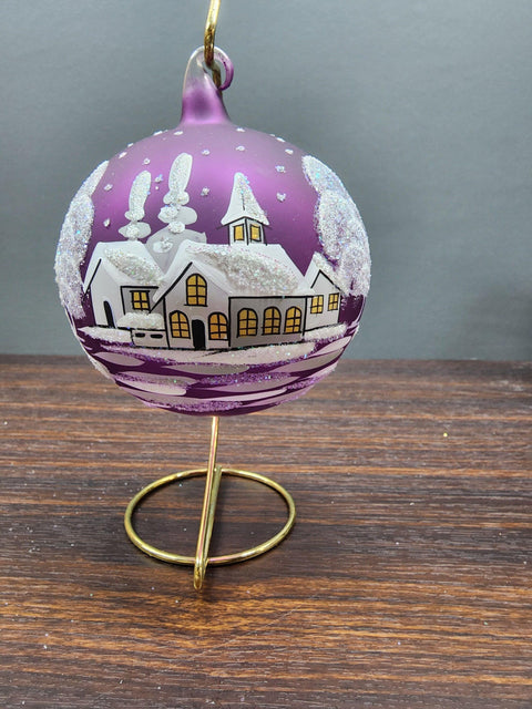 Purple Blown Glass Large Ball Ornament - Handcrafted - White Church