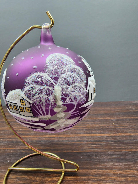 Purple Blown Glass Large Ball Ornament - Handcrafted - White Church