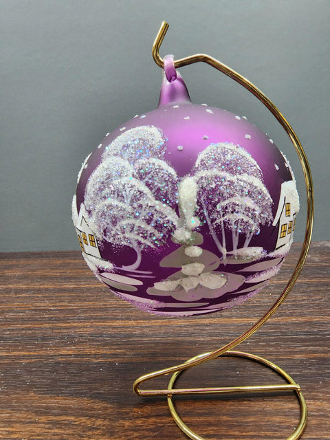 Purple Blown Glass Large Ball Ornament - Handcrafted - White Church