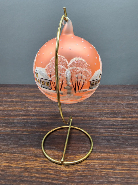 Orange Blown Glass Large Ball Ornament - Handcrafted - White Church