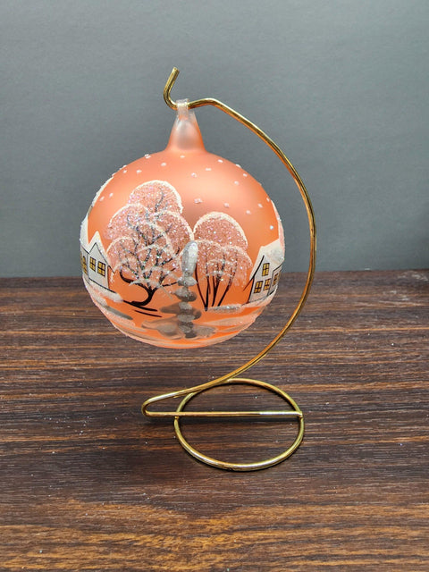 Orange Blown Glass Large Ball Ornament - Handcrafted - White Church