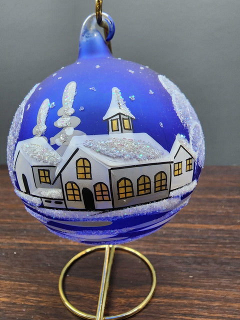 Blue Blown Glass Large Ball Ornament - White Church Design