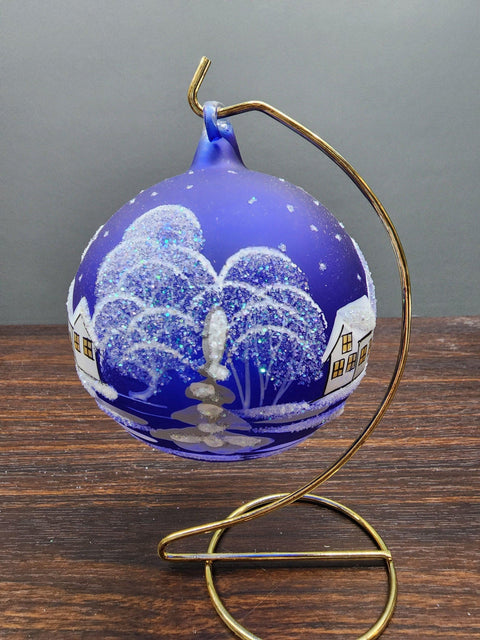 Blue Blown Glass Large Ball Ornament - White Church Design