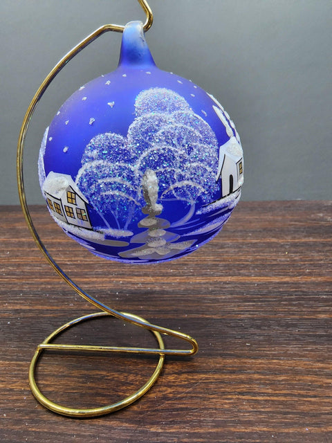 Blue Blown Glass Large Ball Ornament - White Church Design