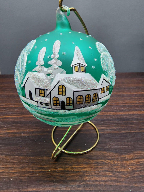 Green Blown Glass Large Ball Ornament - Hand Made - White Church Design