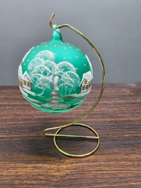 Green Blown Glass Large Ball Ornament - Hand Made - White Church Design